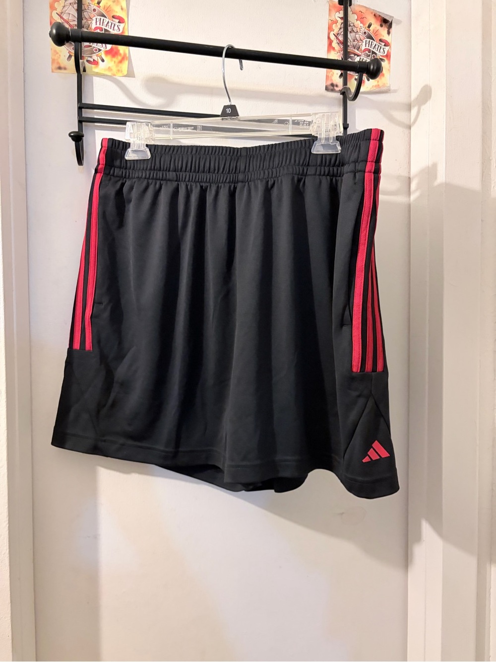 Adidas- size XL- black lightweight shorts w/red trim, pockets and 5”inseam. NWT